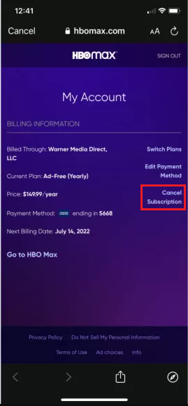 Tap on Cancel subscription to cancel HBO Max Subscription