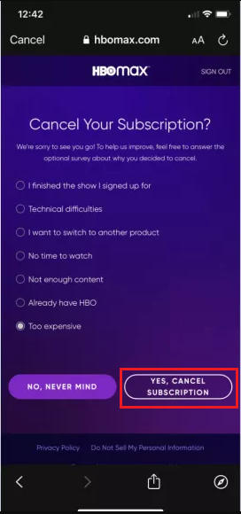 Select the reason and cancel HBO Max Subscription