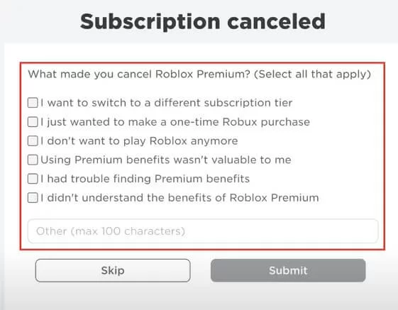 Tap Submit to Cancel Roblox premium