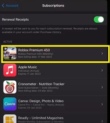 Select Roblox to Cancel Roblox premium