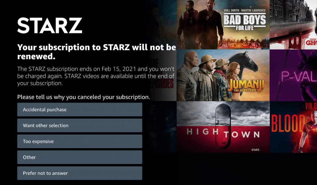 Select a reason to cancel Starz on Amazon Prime