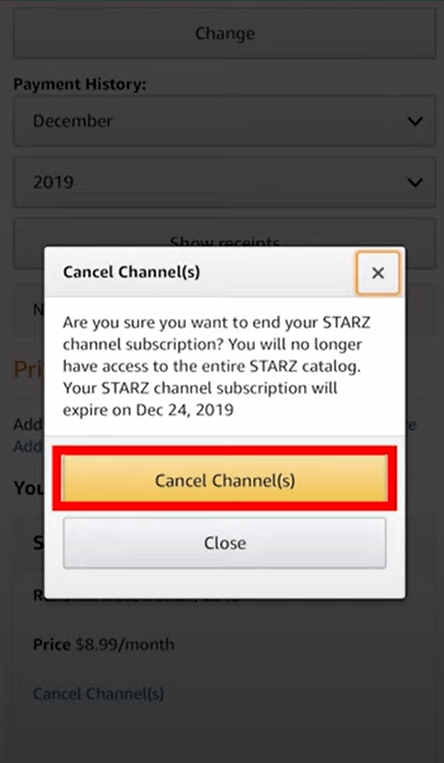Select Cancel Channel again to cancel Starz