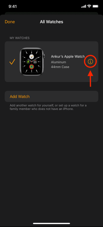 Click on the info button to disconnect your Apple Watch