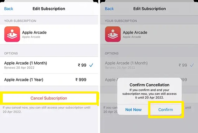 Select Confirm to cancel Apple Arcade