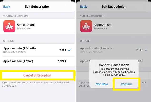 Select Confirm  to cancel Apple Arcade 