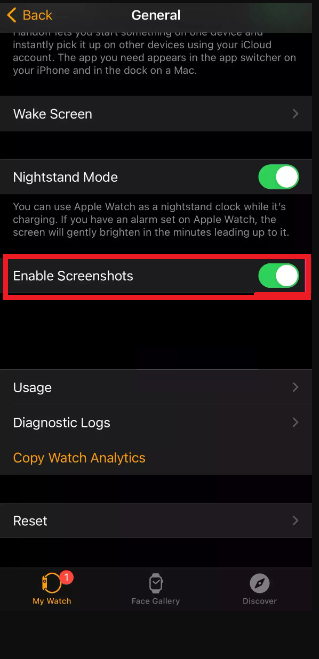 Tap on Enable Screenshot to capture screenshot on Apple Watch