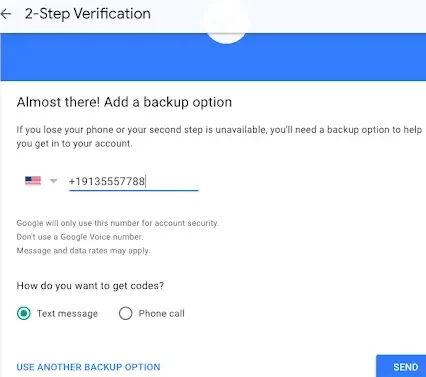 Enter phone number to activate Two-Step Verification on Gmail