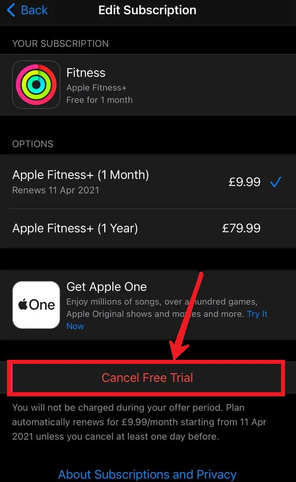 Select Cancel Free Trial to cancel Apple Fitness Plus subscription  
