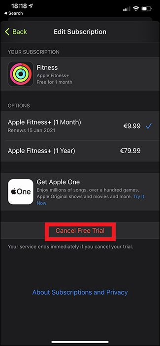 Select Cancel Free Trial to cancel Apple Fitness Plus subscription 