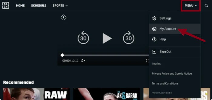 Click My Account on the DAZN website