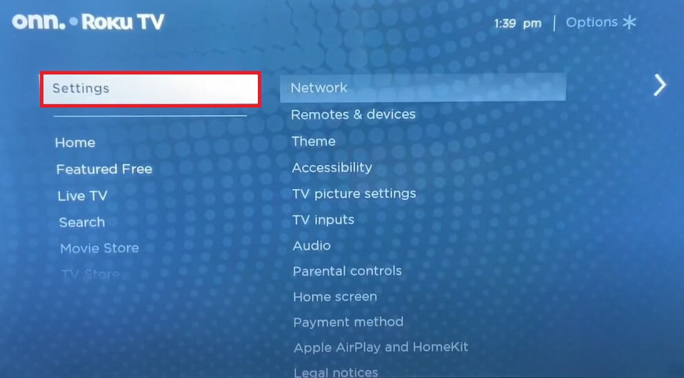 Select Settings on Roku TV