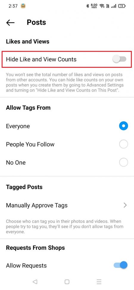 Enable Hide Like and View Counts to Hide Likes on Instagram