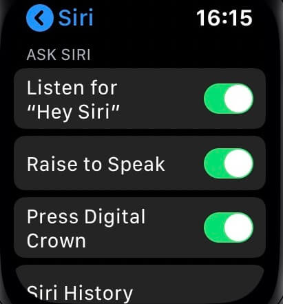 Siri options on Apple Watch