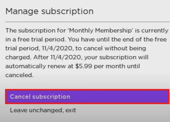 Select cancel subscription 