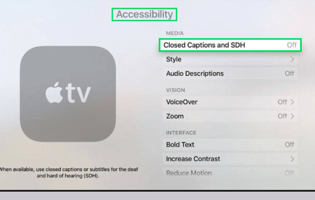 Closed captions and SHD on Apple TV