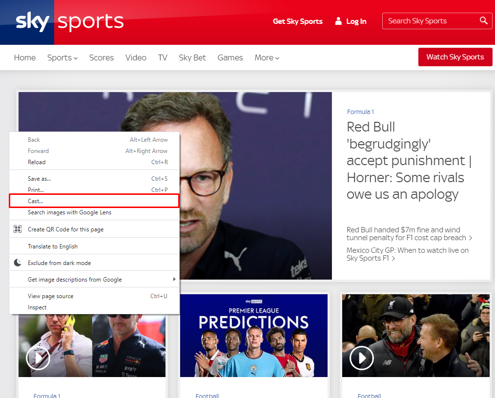 Click the Cast option to Chromecast Sky Sports website