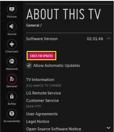Hit Check for updates option to update LG Smart TV