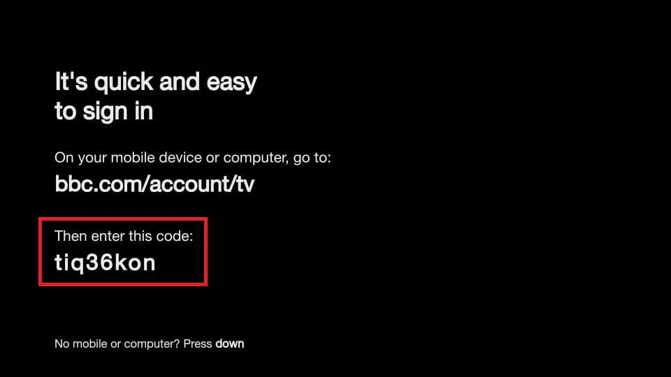 Note the BBC iPlayer activation code