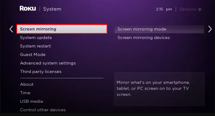 Click Screen Mirroring to watch Cinema HD on Roku