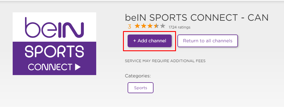Click Add Channel to install beIN Sports on Roku