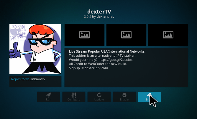 Click Install to download Dexter IPTV Addon on Kodi