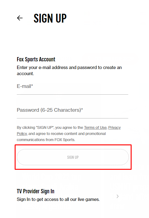 Create a Fox Sports account to watch FIFA world cup on Firestick