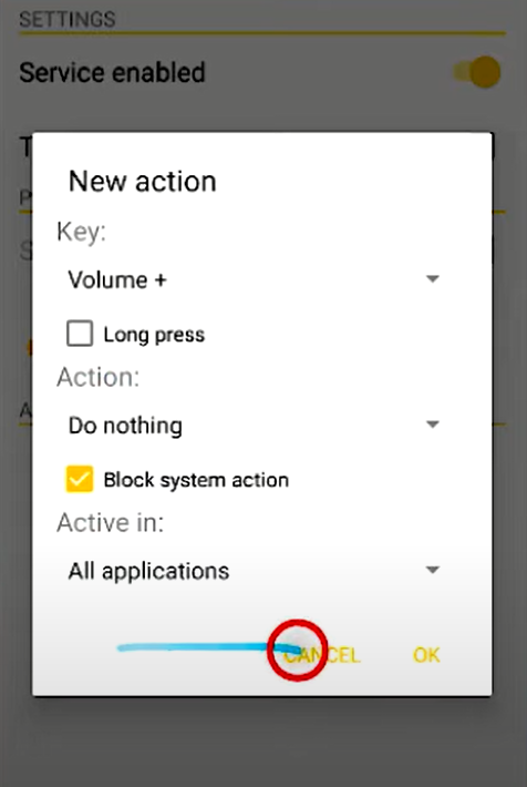 Click OK to block the Volume Up button on Android 