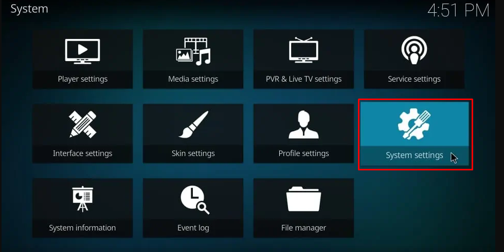 Choose System Settings on Kodi 