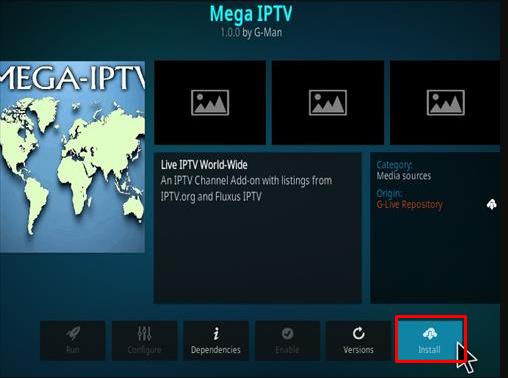 Click Install to install Mega IPTV Kodi Addon