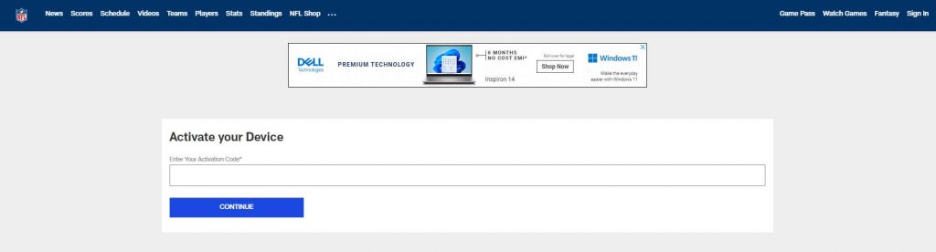 Tap Continue to activate NFL 