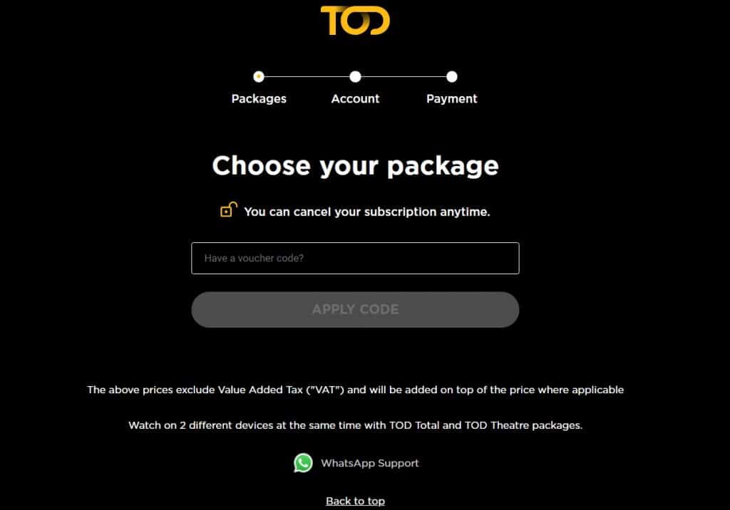 Choosing the package on TOD