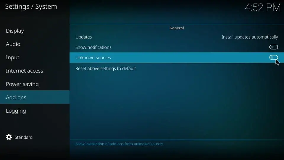 Enable Unknown sources in Add-ons to install Adryanlist Addon on Kodi