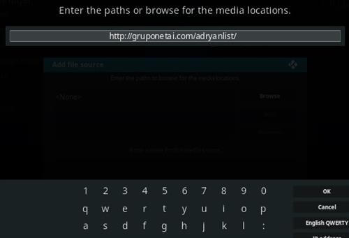 Type in the Source URL in the URL text box to install Adryanlist Addon on Kodi