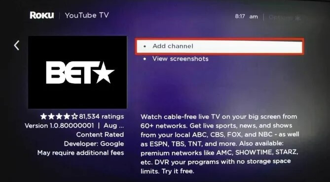 Select Add Channel option to add BET channel on Roku device