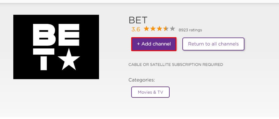 Tap Add channel to add BET to Roku device