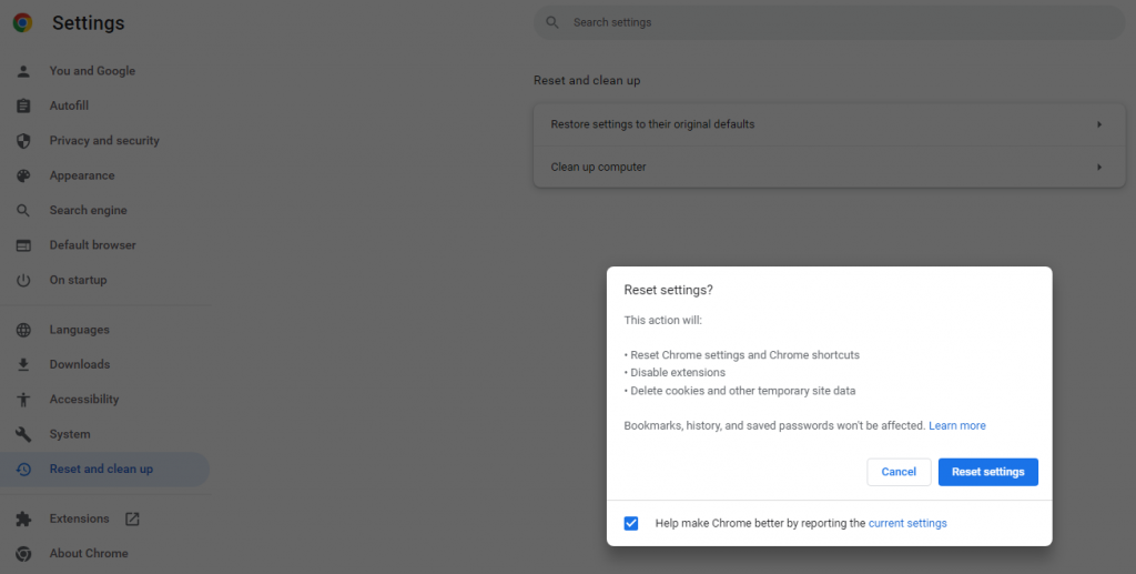 Reset settings to fix Chrome shutdown correctly
