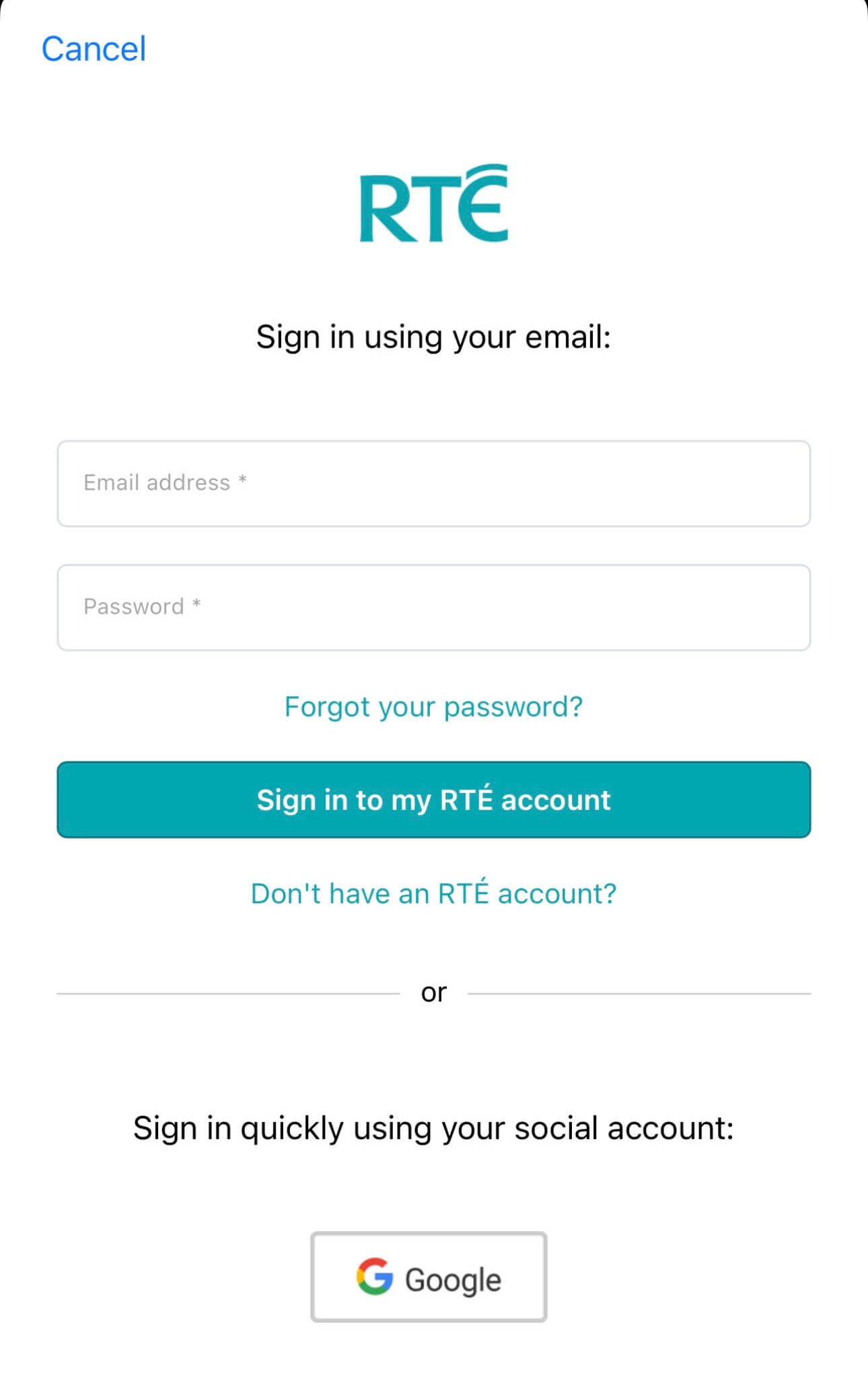 Sign into RTE Player app