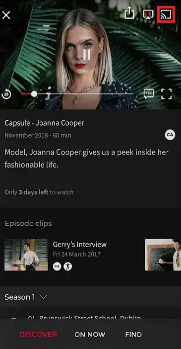Select Cast icon on RTE Player app to Chromecast to TV