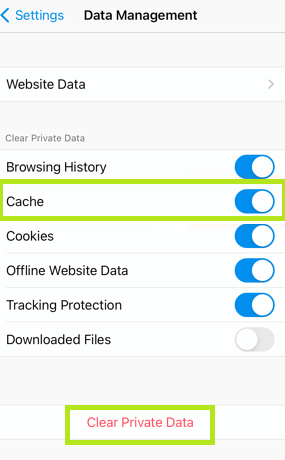 Toggle Cache option and Clear the Cache Memory on Firefox-iPhone
