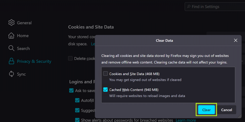 Clear Cache Memory on Firefox- Windows