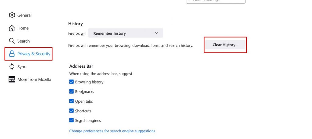 Clear History option on Firefox