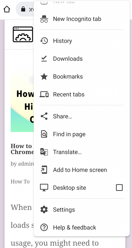 Google Chrome settings on mobile