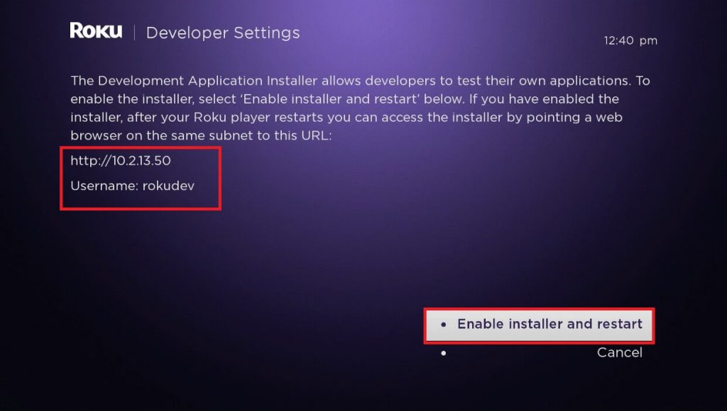 note down IP address and Username of Roku developer mode