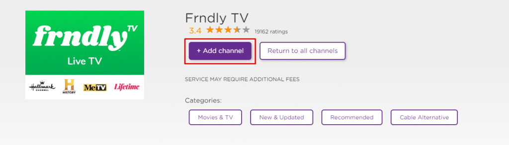 Click +Add Channel to download Frndly TV on Roku