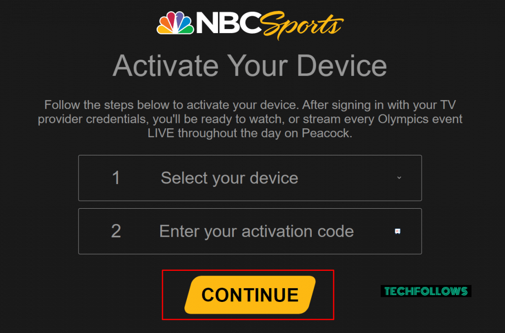 Click Continue to activate NBC Sports on Roku