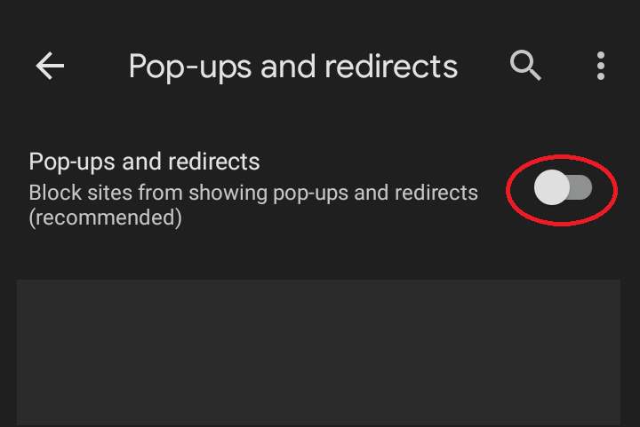 Turn off toggle near pop-ups and redirects to block pop-ups
