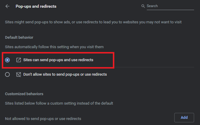 Click Site can send pop-ups and use redirects 