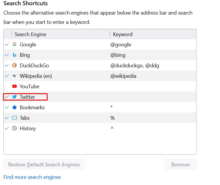 Added Twitter in the search shorcuts