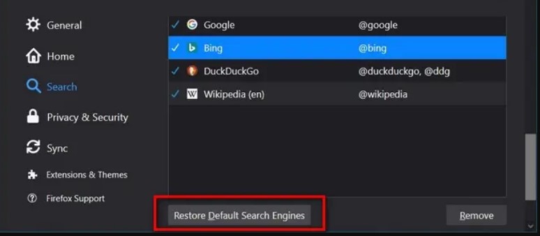 Restoring default search engine in Firefox