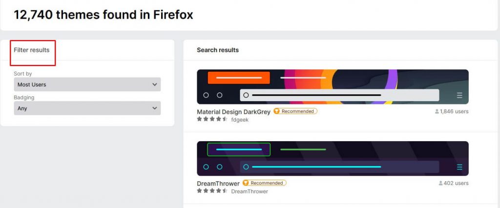 Filters to search and change theme on Firefox